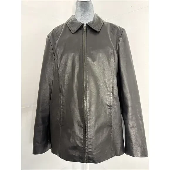 Kim Rogers Brown Genuine Leather Lined Full Zip Jacket Coat Women’s Size Large - Picture 2 of 11